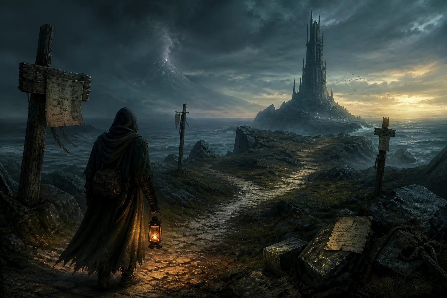 Original editorial illustration of a lantern-bearing traveler following a coastal path toward a distant tower